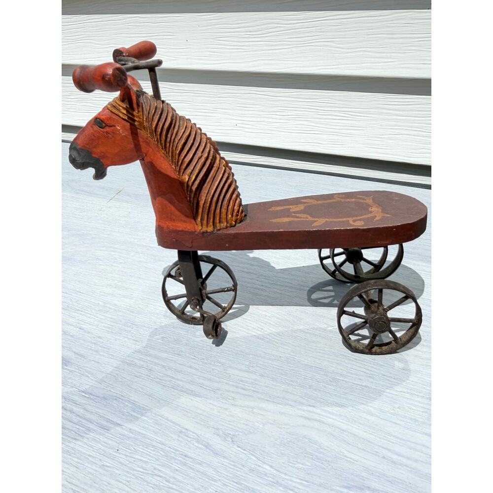 Vintage Folk Art Style Wood Horse Tricycle – Carved Decorative Decor